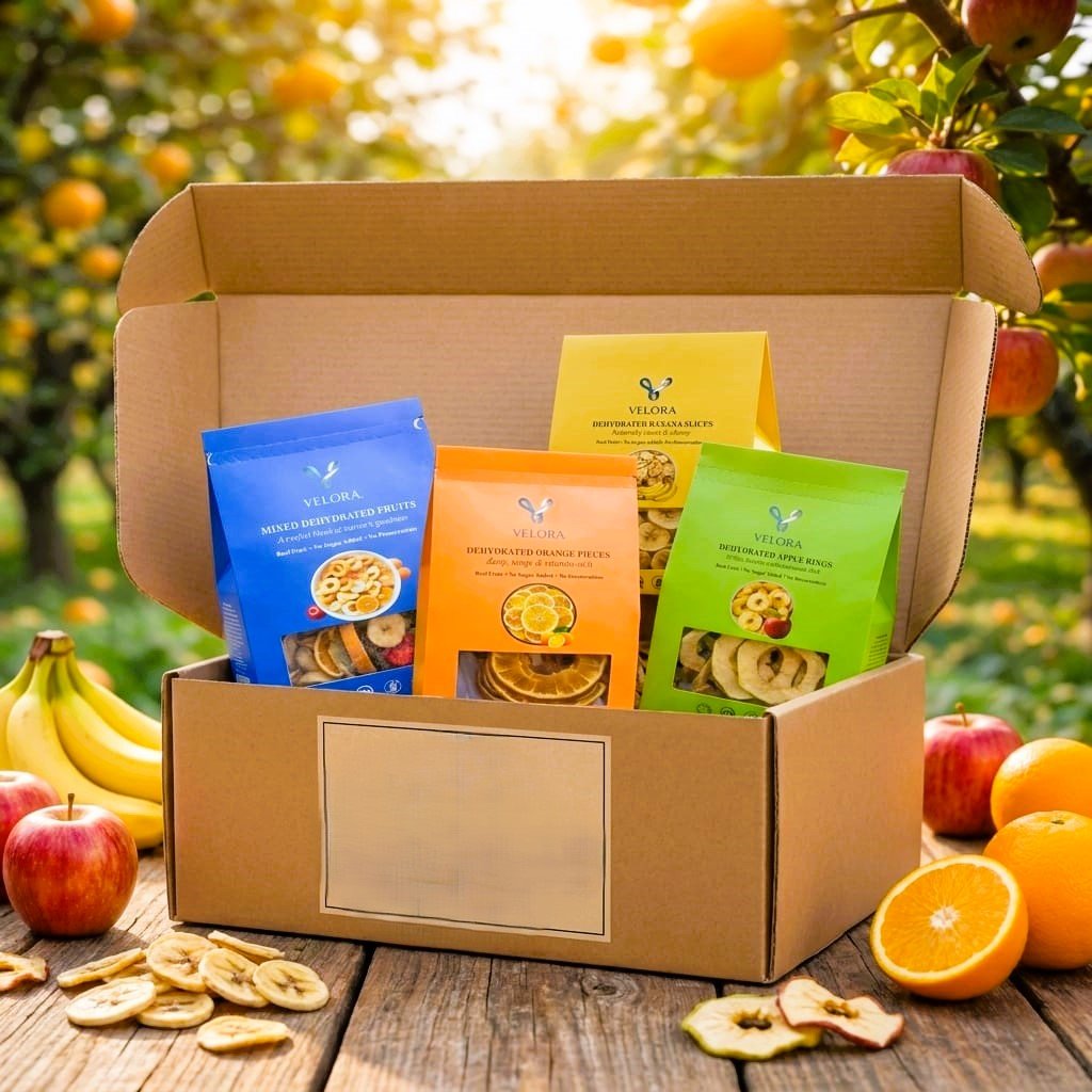 Velora Foods Dehydrated Fruit Variety Pack – Apple, Banana, Orange & Mixed Fruit (4 × 30g | 120g Total)